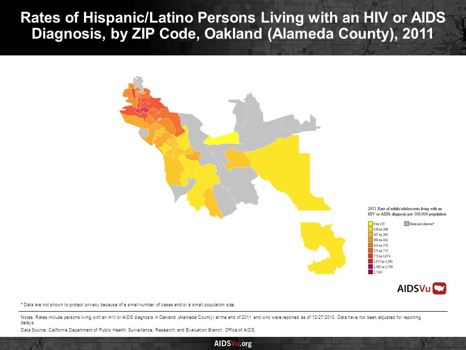 Rates of Hispanic/Latino Persons Living with an HIV or AIDS Diagnosis, by ZIP Code, Oakland (Alameda County), 2011 Notes: Rates include persons living with an HIV or AIDS diagnosis in Oakland (Alameda County) at the end of 2011 and who were reported as of 12/27/2013.