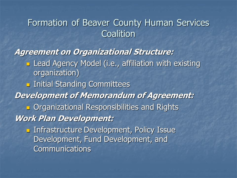 Formation of Beaver County Human Services Coalition Agreement on Organizational Structure: Lead Agency Model (i.e., affiliation with existing organization) Lead Agency Model (i.e., affiliation with existing organization) Initial Standing Committees Initial Standing Committees Development of Memorandum of Agreement: Organizational Responsibilities and Rights Organizational Responsibilities and Rights Work Plan Development: Infrastructure Development, Policy Issue Development, Fund Development, and Communications Infrastructure Development, Policy Issue Development, Fund Development, and Communications