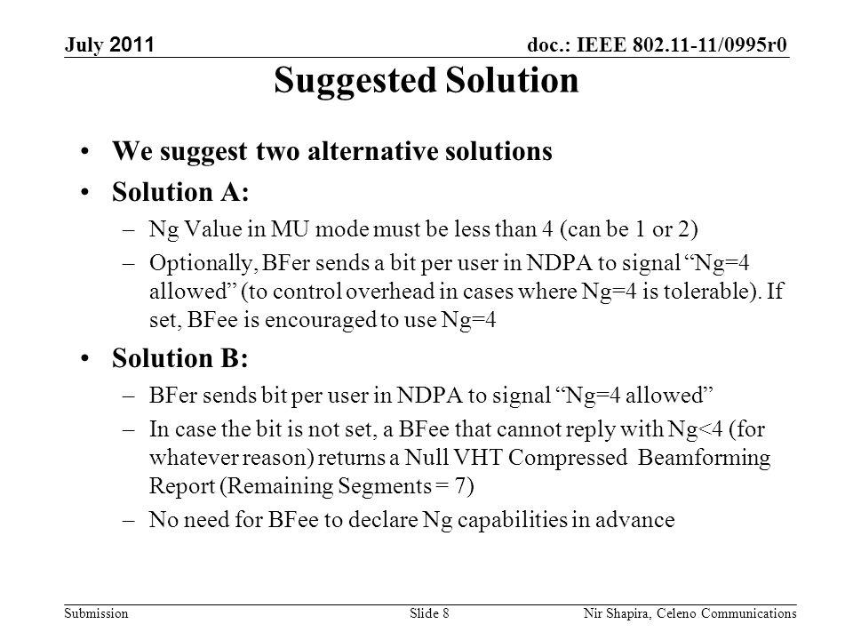 doc.: IEEE /0995r0 Submission July 2011 Nir Shapira, Celeno Communications Suggested Solution We suggest two alternative solutions Solution A: –Ng Value in MU mode must be less than 4 (can be 1 or 2) –Optionally, BFer sends a bit per user in NDPA to signal Ng=4 allowed (to control overhead in cases where Ng=4 is tolerable).