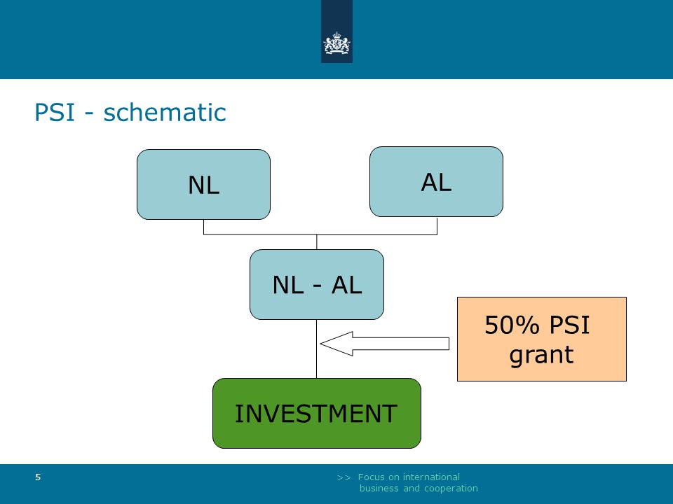>> Focus on international business and cooperation 5 PSI - schematic NL AL NL - AL INVESTMENT 50% PSI grant