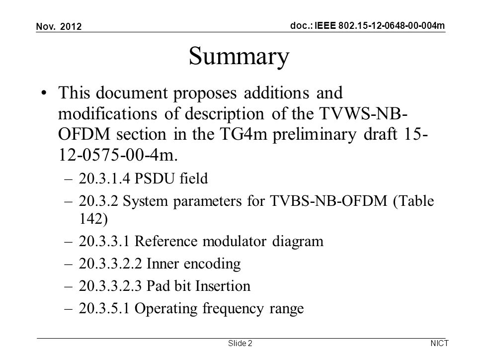doc.: IEEE m Summary This document proposes additions and modifications of description of the TVWS-NB- OFDM section in the TG4m preliminary draft m.