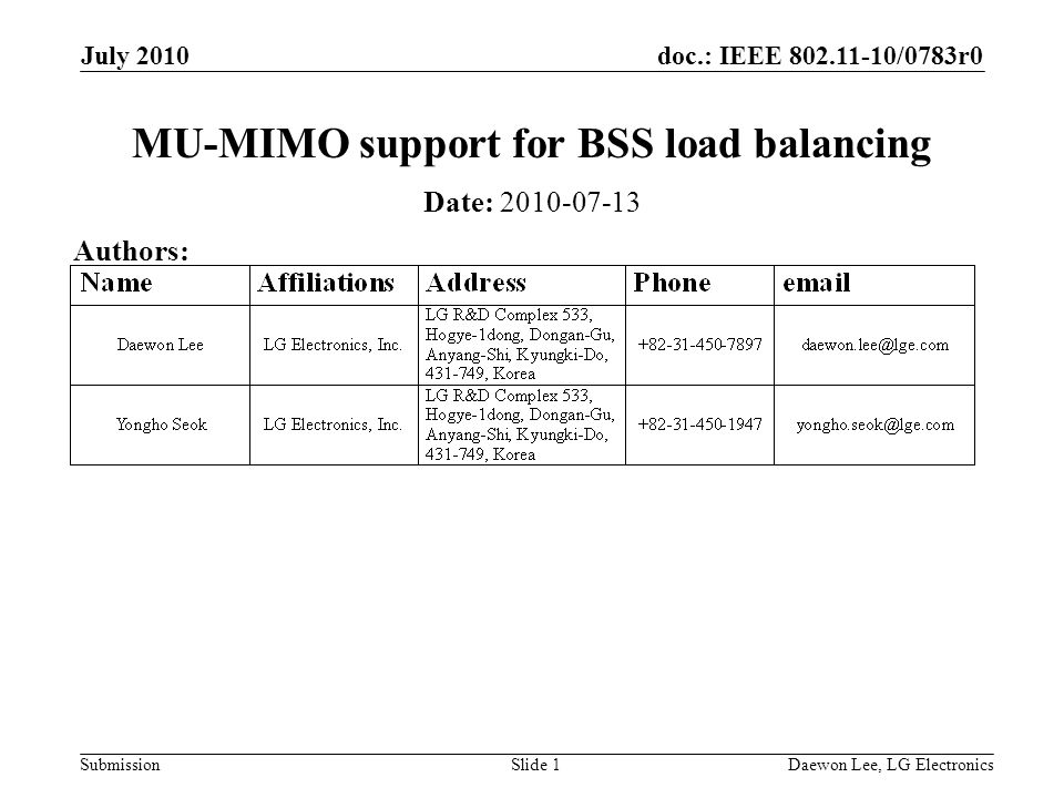 doc.: IEEE /0783r0 Submission July 2010 Daewon Lee, LG ElectronicsSlide 1 MU-MIMO support for BSS load balancing Date: Authors: