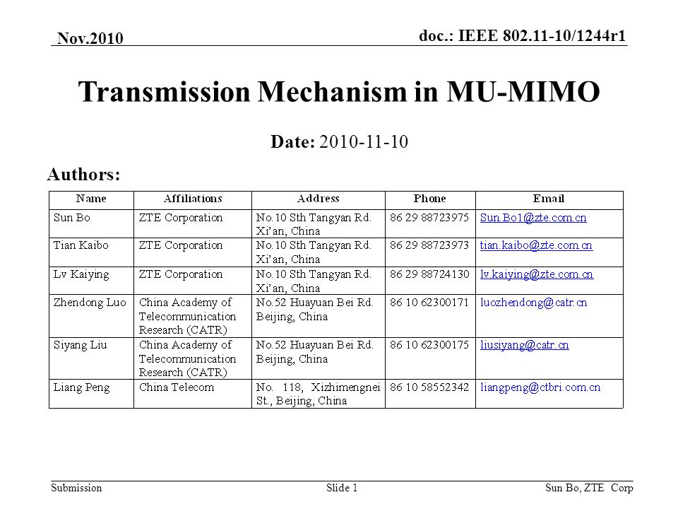 doc.: IEEE /1244r1 Submission Nov.2010 Sun Bo, ZTE CorpSlide 1 Authors: Transmission Mechanism in MU-MIMO Date: