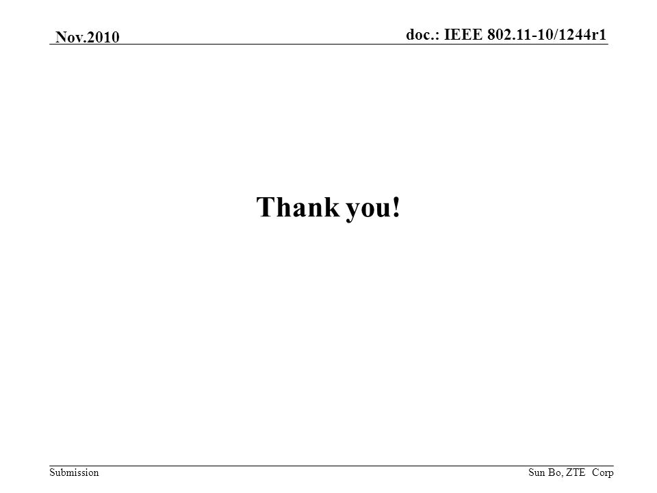 doc.: IEEE /1244r1 Submission Nov.2010 Thank you! Sun Bo, ZTE Corp