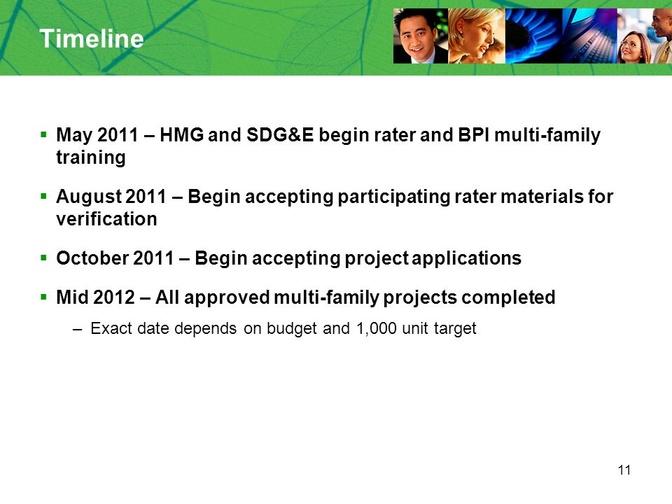 11 Timeline  May 2011 – HMG and SDG&E begin rater and BPI multi-family training  August 2011 – Begin accepting participating rater materials for verification  October 2011 – Begin accepting project applications  Mid 2012 – All approved multi-family projects completed –Exact date depends on budget and 1,000 unit target
