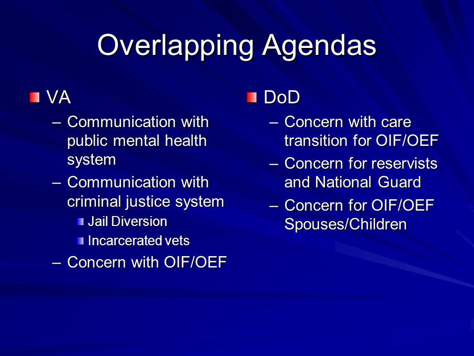 Overlapping Agendas VA –Communication with public mental health system –Communication with criminal justice system Jail Diversion Incarcerated vets –Concern with OIF/OEF DoD –Concern with care transition for OIF/OEF –Concern for reservists and National Guard –Concern for OIF/OEF Spouses/Children