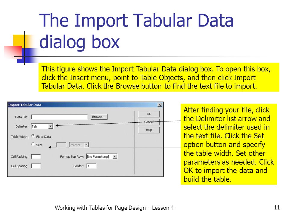 11 Working with Tables for Page Design – Lesson 4 The Import Tabular Data dialog box This figure shows the Import Tabular Data dialog box.