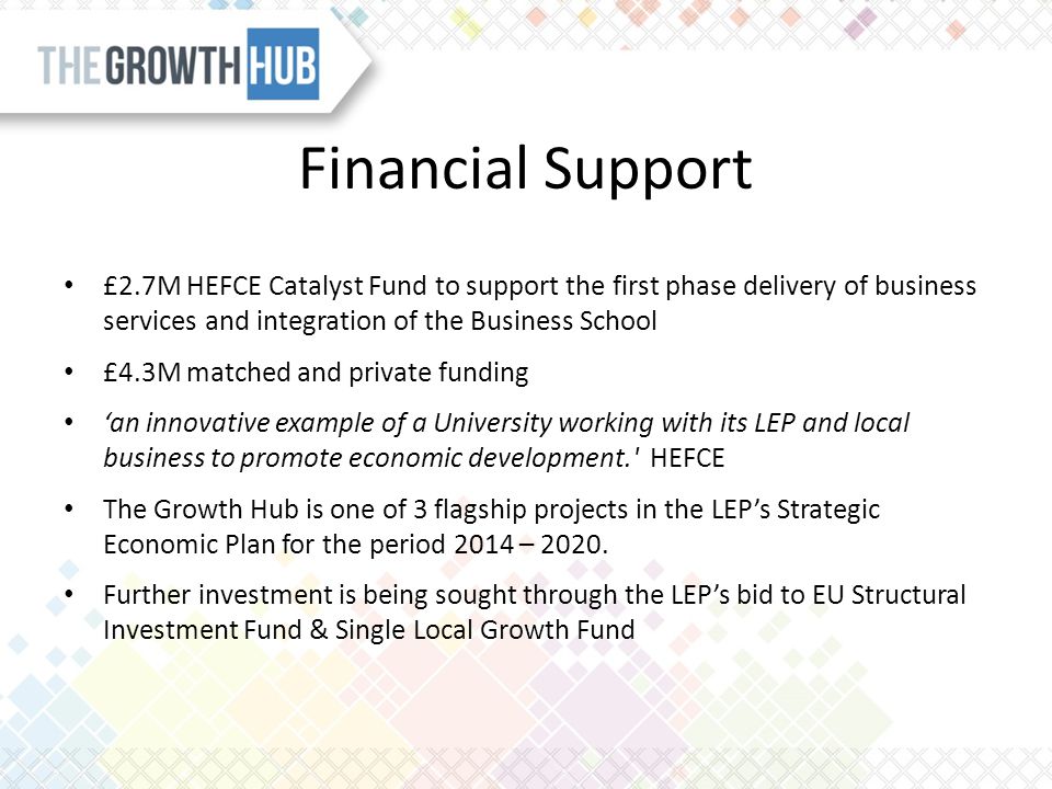 Financial Support £2.7M HEFCE Catalyst Fund to support the first phase delivery of business services and integration of the Business School £4.3M matched and private funding ‘an innovative example of a University working with its LEP and local business to promote economic development. HEFCE The Growth Hub is one of 3 flagship projects in the LEP’s Strategic Economic Plan for the period 2014 – 2020.