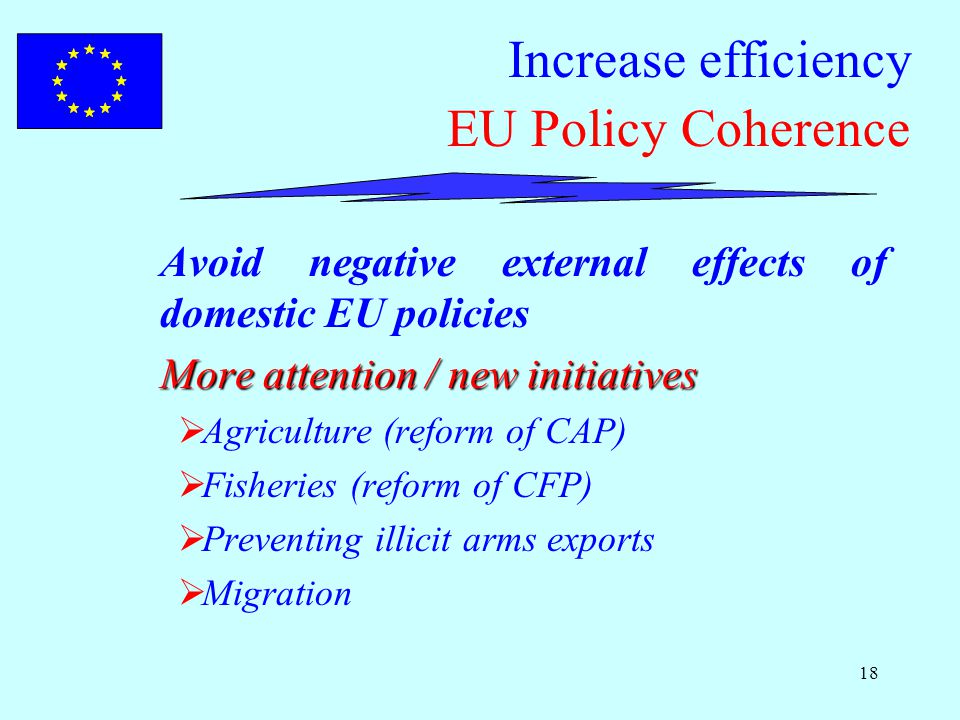 18 Increase efficiency EU Policy Coherence Avoid negative external effects of domestic EU policies More attention / new initiatives  Agriculture (reform of CAP)  Fisheries (reform of CFP)  Preventing illicit arms exports  Migration