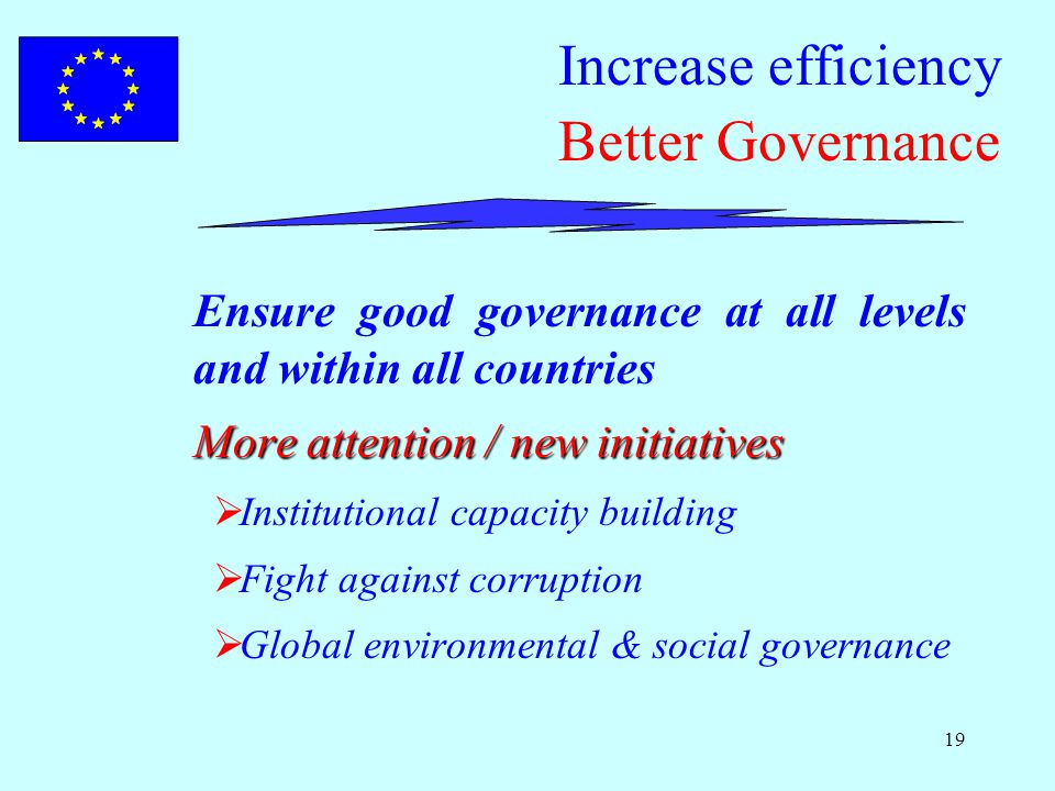 19 Increase efficiency Better Governance Ensure good governance at all levels and within all countries More attention / new initiatives  Institutional capacity building  Fight against corruption  Global environmental & social governance