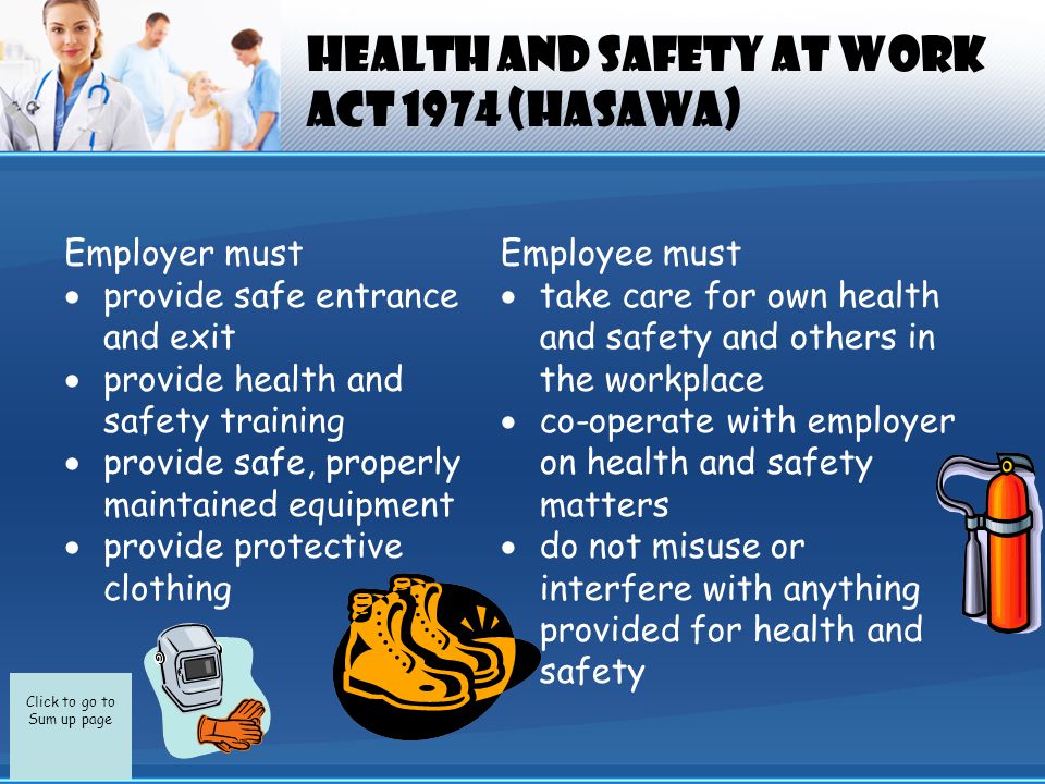 Click to go to Sum up page Health and Safety at Work Act 1974 (HASAWA) Employer must  provide safe entrance and exit  provide health and safety training  provide safe, properly maintained equipment  provide protective clothing Employee must  take care for own health and safety and others in the workplace  co-operate with employer on health and safety matters  do not misuse or interfere with anything provided for health and safety