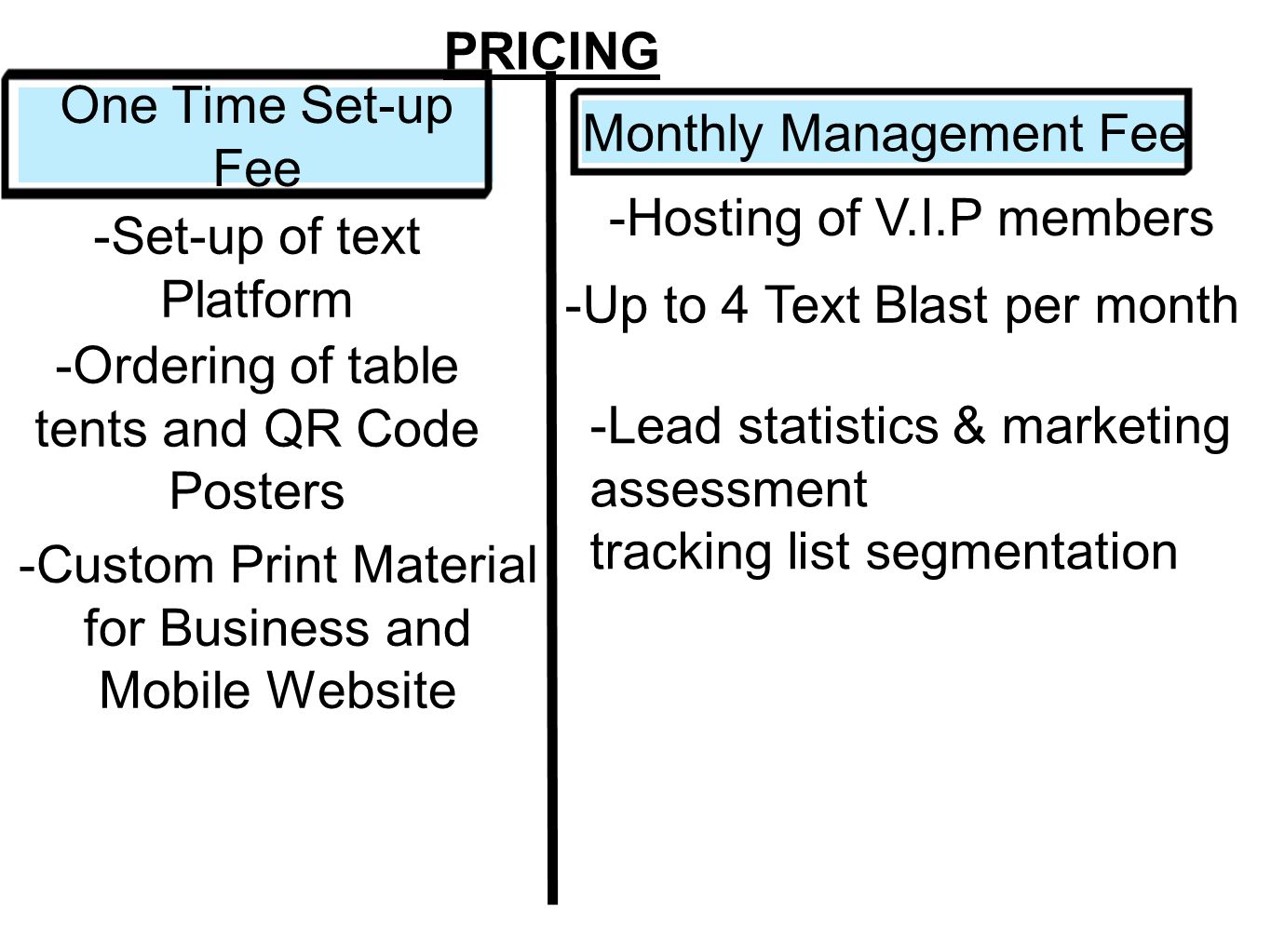 PRICING One Time Set-up Fee Monthly Management Fee -Ordering of table tents and QR Code Posters -Set-up of text Platform -Custom Print Material for Business and Mobile Website -Hosting of V.I.P members -Up to 4 Text Blast per month -Lead statistics & marketing assessment tracking list segmentation