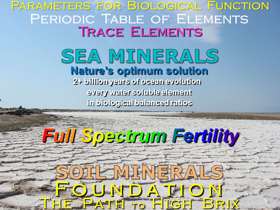 parts per trillion Pico Elements Cations Anions The Path to High Brix Foundation Periodic Table of Elements Parameters for Biological Function Trace Elements every water soluble element in biological balanced ratios 2+ billion years of ocean evolution Nature’s optimum solution