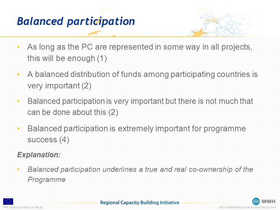 This project is funded by the EUAnd implemented by a consortium led by MWH Balanced participation As long as the PC are represented in some way in all projects, this will be enough (1) A balanced distribution of funds among participating countries is very important (2) Balanced participation is very important but there is not much that can be done about this (2) Balanced participation is extremely important for programme success (4) Explanation: Balanced participation underlines a true and real co-ownership of the Programme