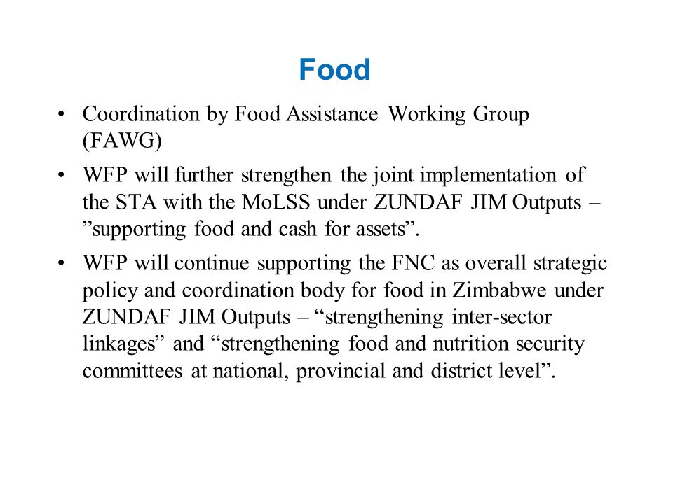 Food Coordination by Food Assistance Working Group (FAWG) WFP will further strengthen the joint implementation of the STA with the MoLSS under ZUNDAF JIM Outputs – supporting food and cash for assets .