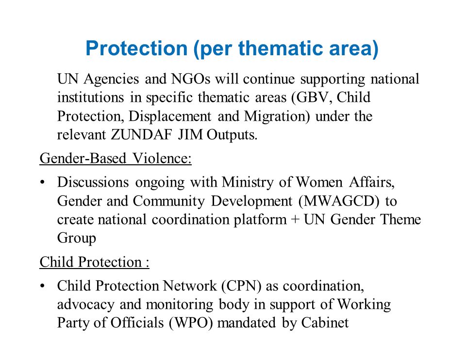 Protection (per thematic area) UN Agencies and NGOs will continue supporting national institutions in specific thematic areas (GBV, Child Protection, Displacement and Migration) under the relevant ZUNDAF JIM Outputs.