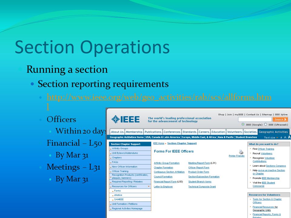 Section Operations Running a section Section reporting requirements   l   l Officers Within 20 days of election Financial – L50 By Mar 31 Meetings – L31 By Mar 31