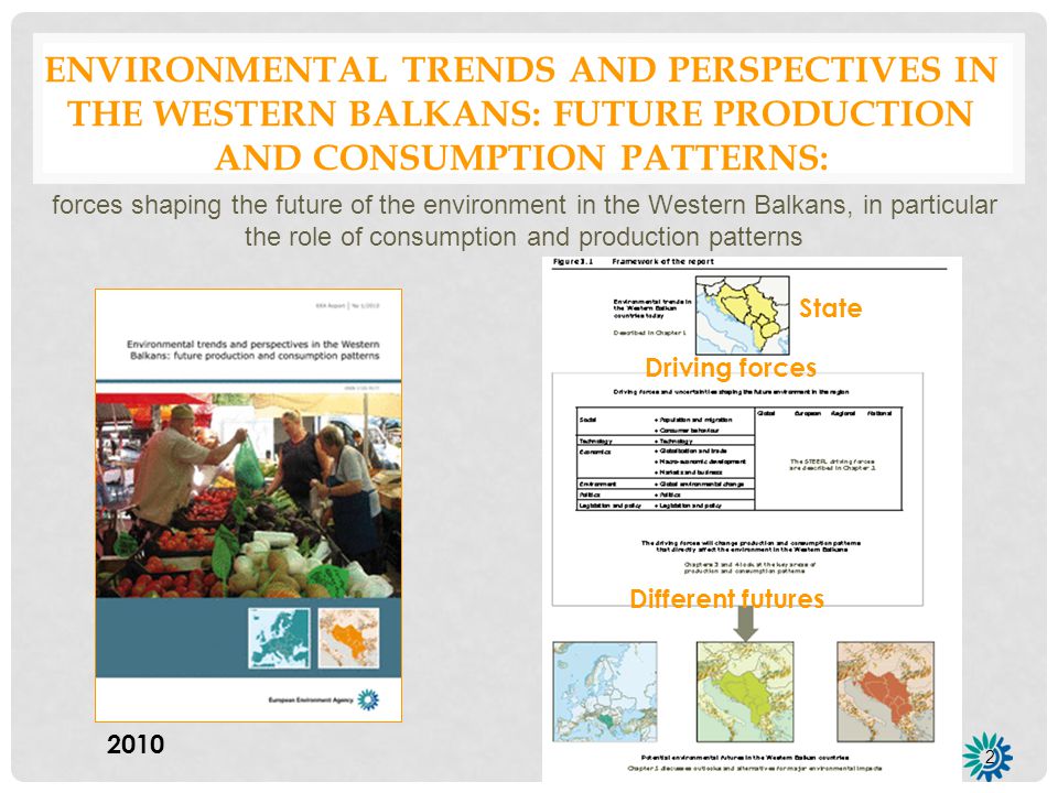 ENVIRONMENTAL TRENDS AND PERSPECTIVES IN THE WESTERN BALKANS: FUTURE PRODUCTION AND CONSUMPTION PATTERNS: 2 forces shaping the future of the environment in the Western Balkans, in particular the role of consumption and production patterns Different futures State Driving forces 2010