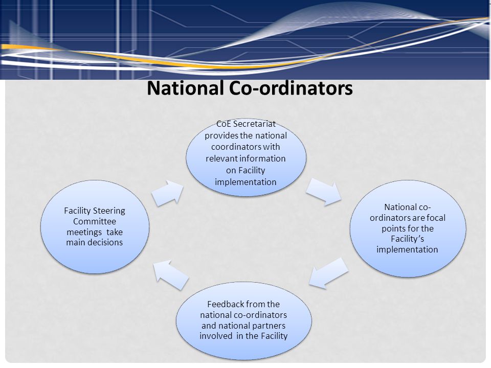 National Co-ordinators CoE Secretariat provides the national coordinators with relevant information on Facility implementation National co- ordinators are focal points for the Facility’s implementation Feedback from the national co-ordinators and national partners involved in the Facility Facility Steering Committee meetings take main decisions