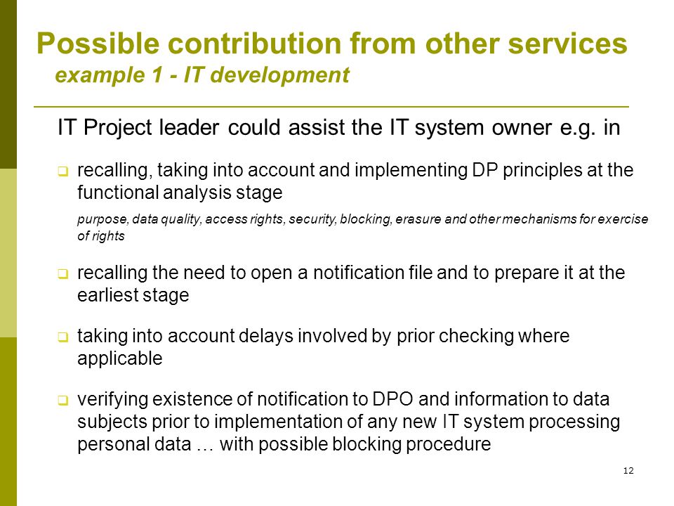 12 Possible contribution from other services example 1 - IT development IT Project leader could assist the IT system owner e.g.