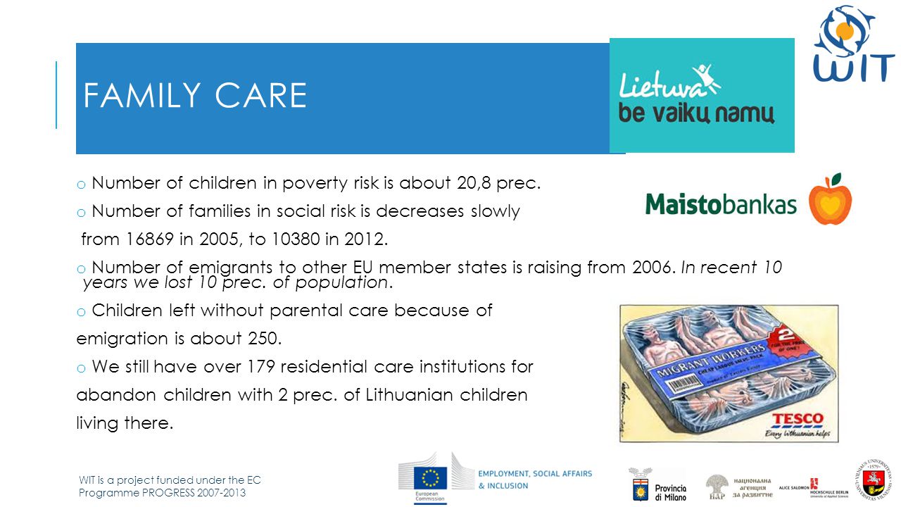 WIT is a project funded under the EC Programme PROGRESS FAMILY CARE o Number of children in poverty risk is about 20,8 prec.