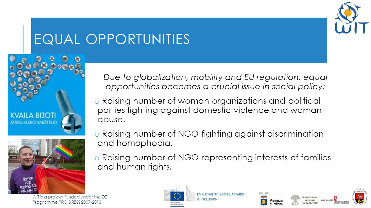 WIT is a project funded under the EC Programme PROGRESS EQUAL OPPORTUNITIES Due to globalization, mobility and EU regulation, equal opportunities becomes a crucial issue in social policy: o Raising number of woman organizations and political parties fighting against domestic violence and woman abuse.