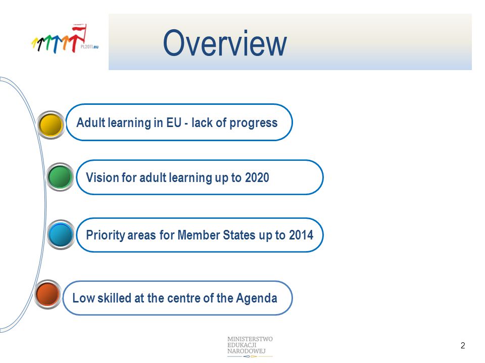 Low skilled at the centre of the Agenda Adult learning in EU - lack of progress 2 Vision for adult learning up to 2020 Overview Priority areas for Member States up to 2014