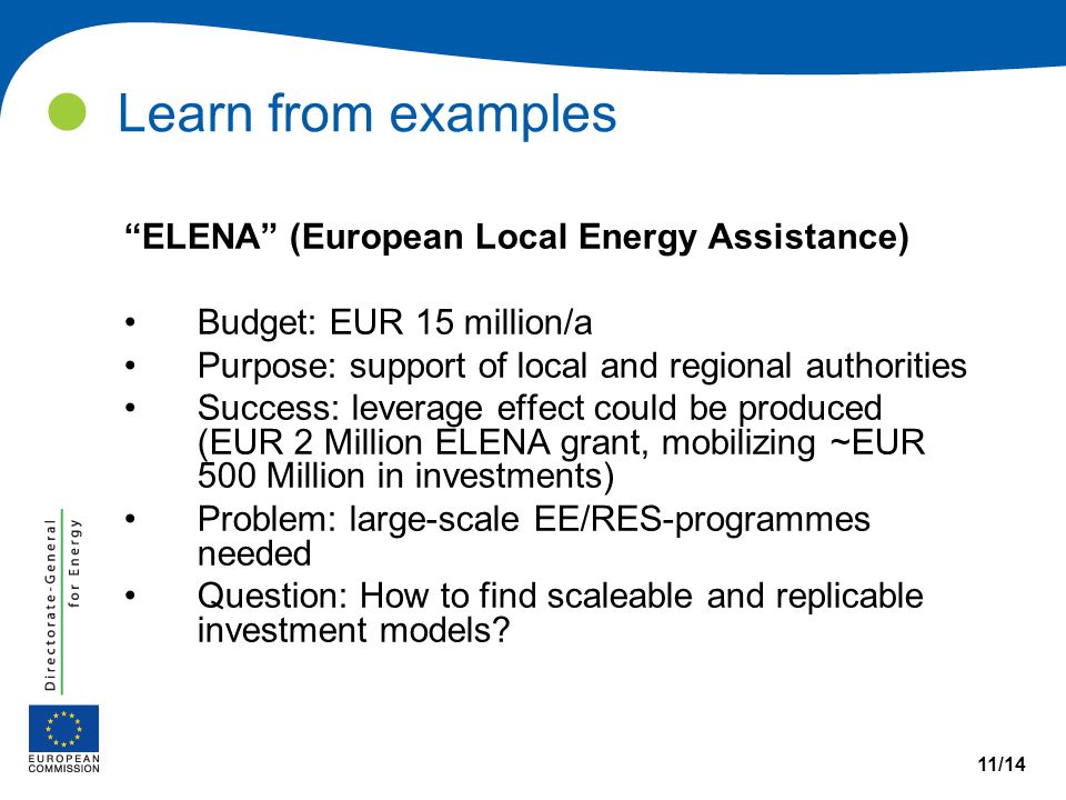 Learn from examples 11/14 ELENA (European Local Energy Assistance) Budget: EUR 15 million/a Purpose: support of local and regional authorities Success: leverage effect could be produced (EUR 2 Million ELENA grant, mobilizing ~EUR 500 Million in investments) Problem: large-scale EE/RES-programmes needed Question: How to find scaleable and replicable investment models