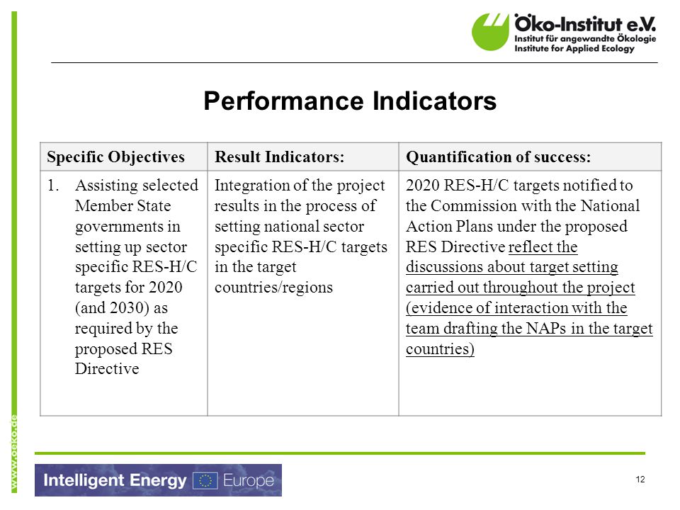 12 Performance Indicators Specific ObjectivesResult Indicators:Quantification of success: 1.Assisting selected Member State governments in setting up sector specific RES-H/C targets for 2020 (and 2030) as required by the proposed RES Directive Integration of the project results in the process of setting national sector specific RES-H/C targets in the target countries/regions 2020 RES-H/C targets notified to the Commission with the National Action Plans under the proposed RES Directive reflect the discussions about target setting carried out throughout the project (evidence of interaction with the team drafting the NAPs in the target countries)