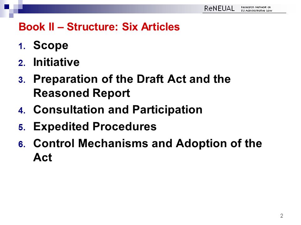 Book II – Structure: Six Articles 1. Scope 2. Initiative 3.