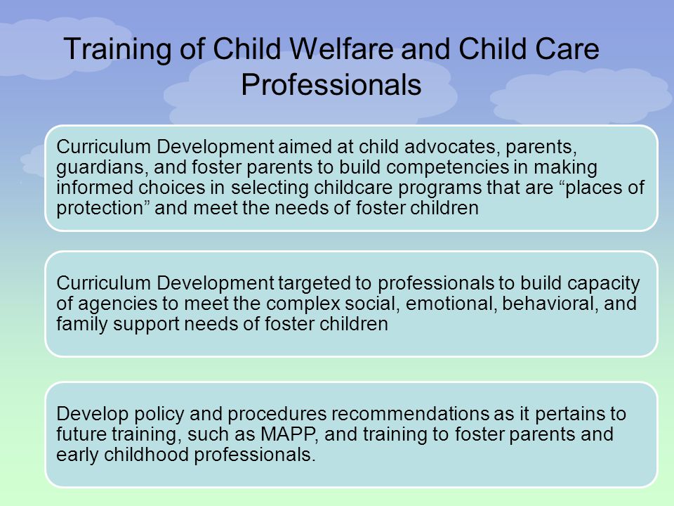 Training of Child Welfare and Child Care Professionals Curriculum Development aimed at child advocates, parents, guardians, and foster parents to build competencies in making informed choices in selecting childcare programs that are places of protection and meet the needs of foster children Curriculum Development targeted to professionals to build capacity of agencies to meet the complex social, emotional, behavioral, and family support needs of foster children Develop policy and procedures recommendations as it pertains to future training, such as MAPP, and training to foster parents and early childhood professionals.