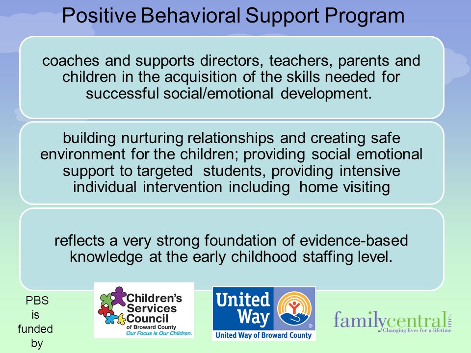 Positive Behavioral Support Program PBS is funded by coaches and supports directors, teachers, parents and children in the acquisition of the skills needed for successful social/emotional development.