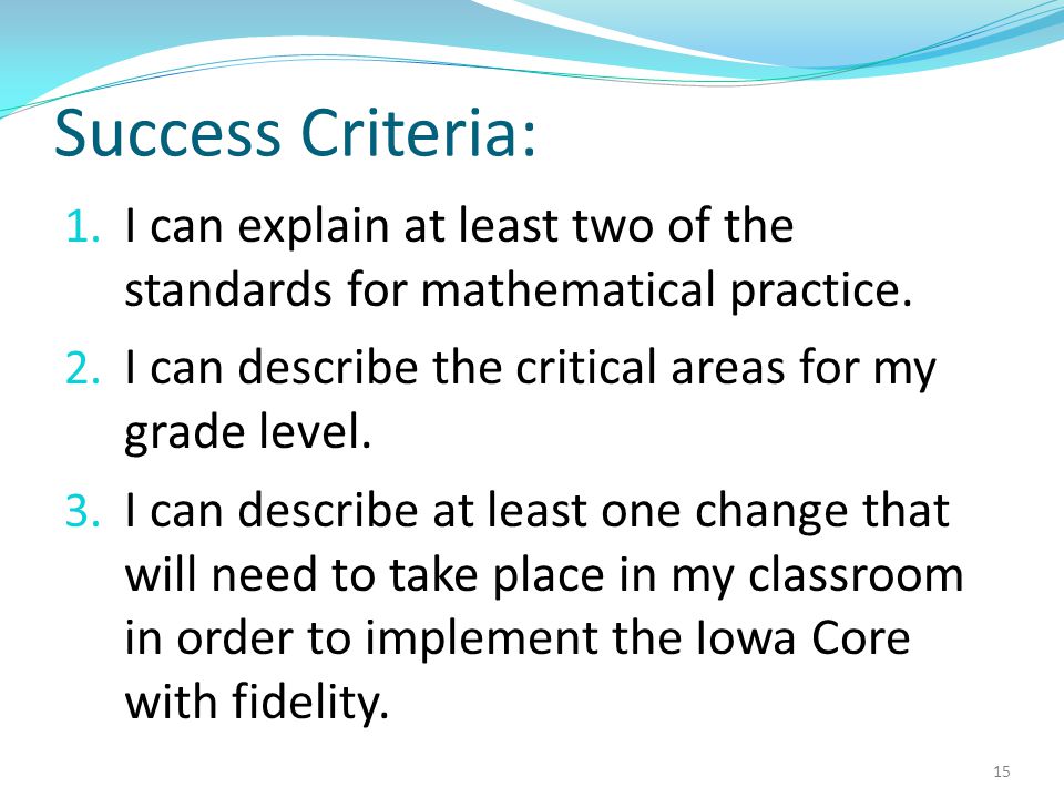 Success Criteria: 1. I can explain at least two of the standards for mathematical practice.