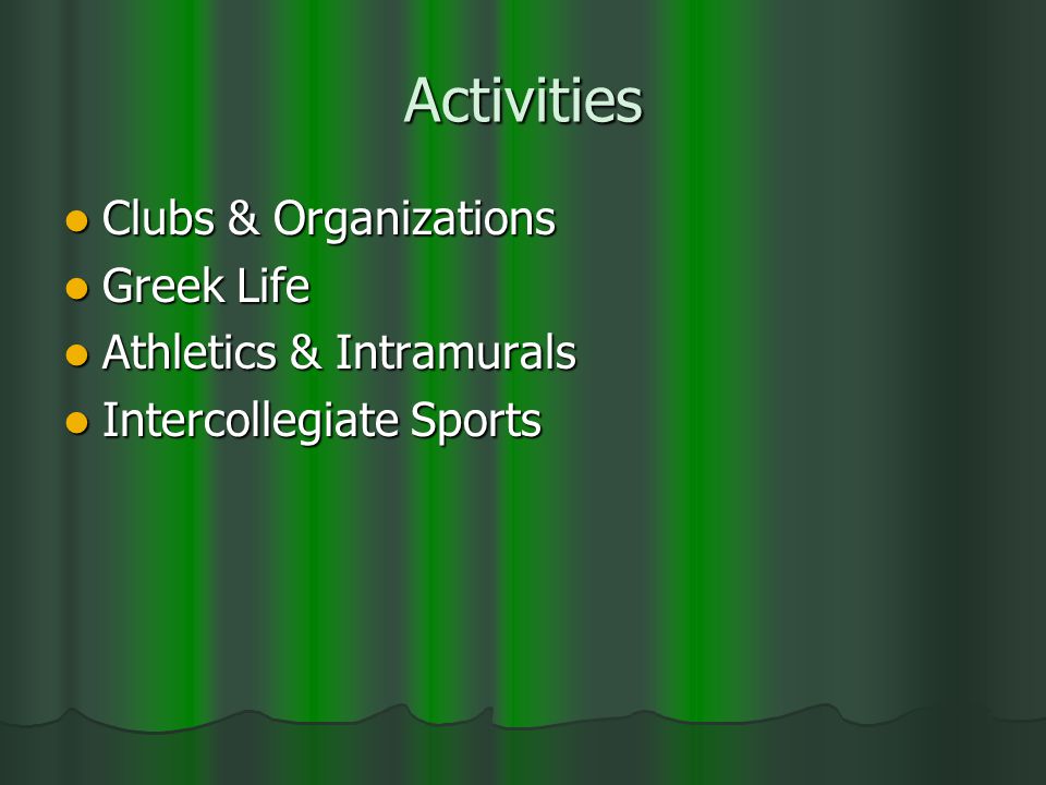 Activities Clubs & Organizations Clubs & Organizations Greek Life Greek Life Athletics & Intramurals Athletics & Intramurals Intercollegiate Sports Intercollegiate Sports