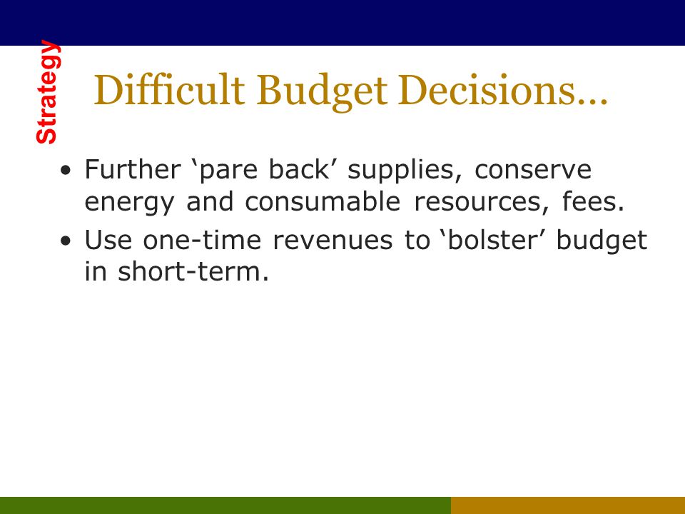 Difficult Budget Decisions… Further ‘pare back’ supplies, conserve energy and consumable resources, fees.