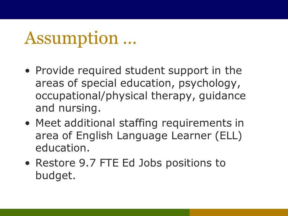 Assumption … Provide required student support in the areas of special education, psychology, occupational/physical therapy, guidance and nursing.