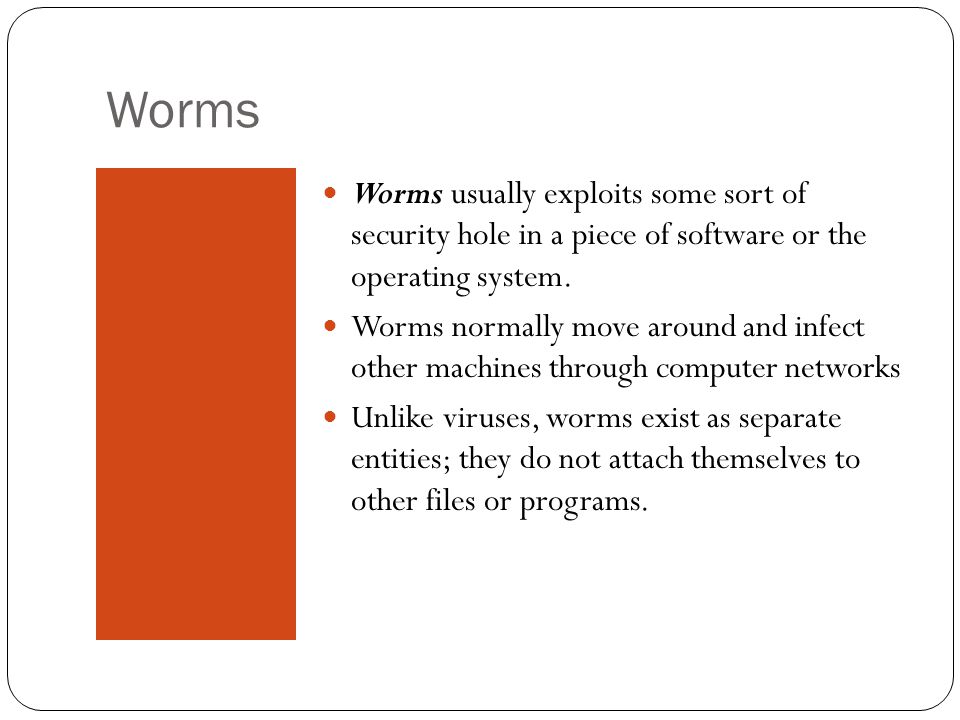 Worms Worms usually exploits some sort of security hole in a piece of software or the operating system.