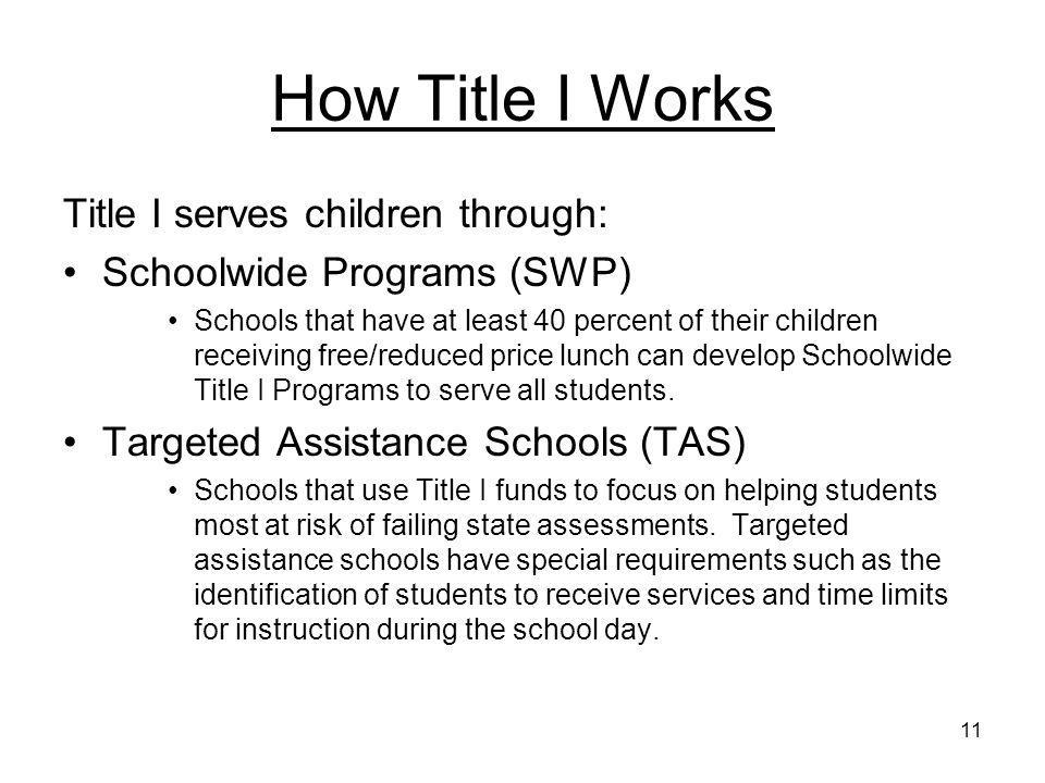 11 How Title I Works Title I serves children through: Schoolwide Programs (SWP) Schools that have at least 40 percent of their children receiving free/reduced price lunch can develop Schoolwide Title I Programs to serve all students.