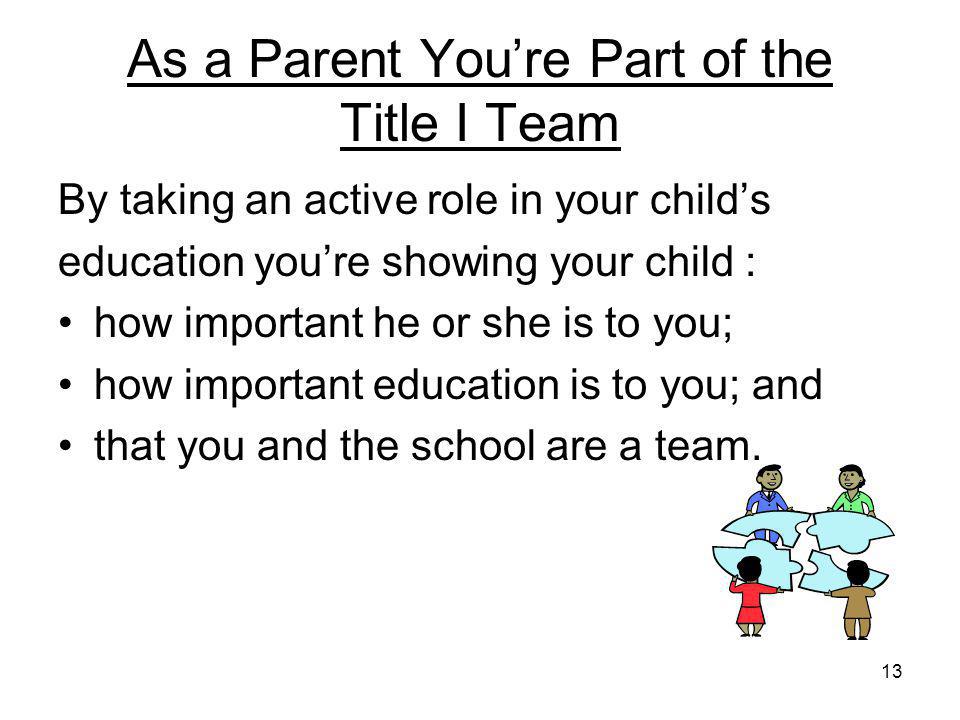 13 As a Parent You’re Part of the Title I Team By taking an active role in your child’s education you’re showing your child : how important he or she is to you; how important education is to you; and that you and the school are a team.