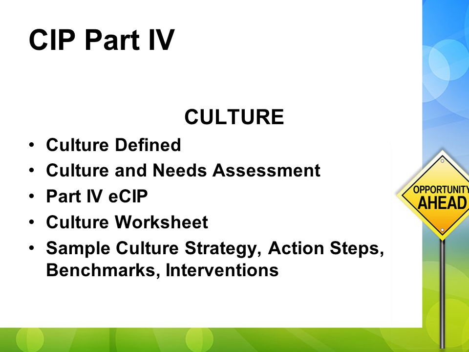CIP Part IV CULTURE Culture Defined Culture and Needs Assessment Part IV eCIP Culture Worksheet Sample Culture Strategy, Action Steps, Benchmarks, Interventions