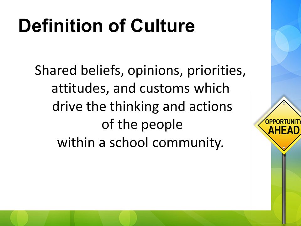 Shared beliefs, opinions, priorities, attitudes, and customs which drive the thinking and actions of the people within a school community.