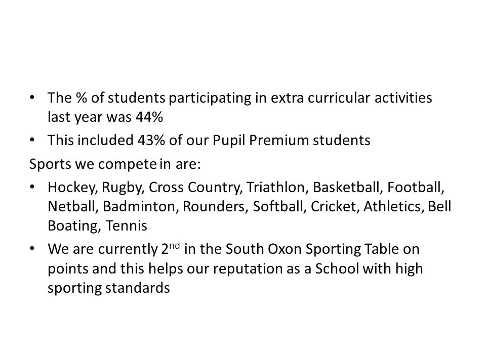 The % of students participating in extra curricular activities last year was 44% This included 43% of our Pupil Premium students Sports we compete in are: Hockey, Rugby, Cross Country, Triathlon, Basketball, Football, Netball, Badminton, Rounders, Softball, Cricket, Athletics, Bell Boating, Tennis We are currently 2 nd in the South Oxon Sporting Table on points and this helps our reputation as a School with high sporting standards