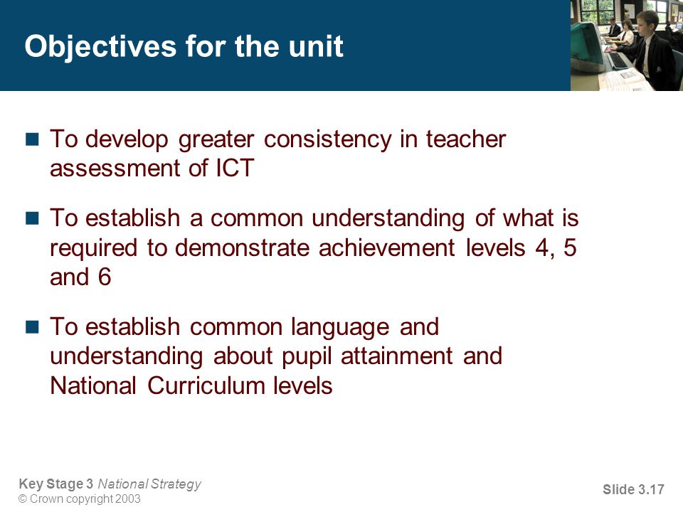 Key Stage 3 National Strategy © Crown copyright 2003 Slide 3.17 Objectives for the unit To develop greater consistency in teacher assessment of ICT To establish a common understanding of what is required to demonstrate achievement levels 4, 5 and 6 To establish common language and understanding about pupil attainment and National Curriculum levels