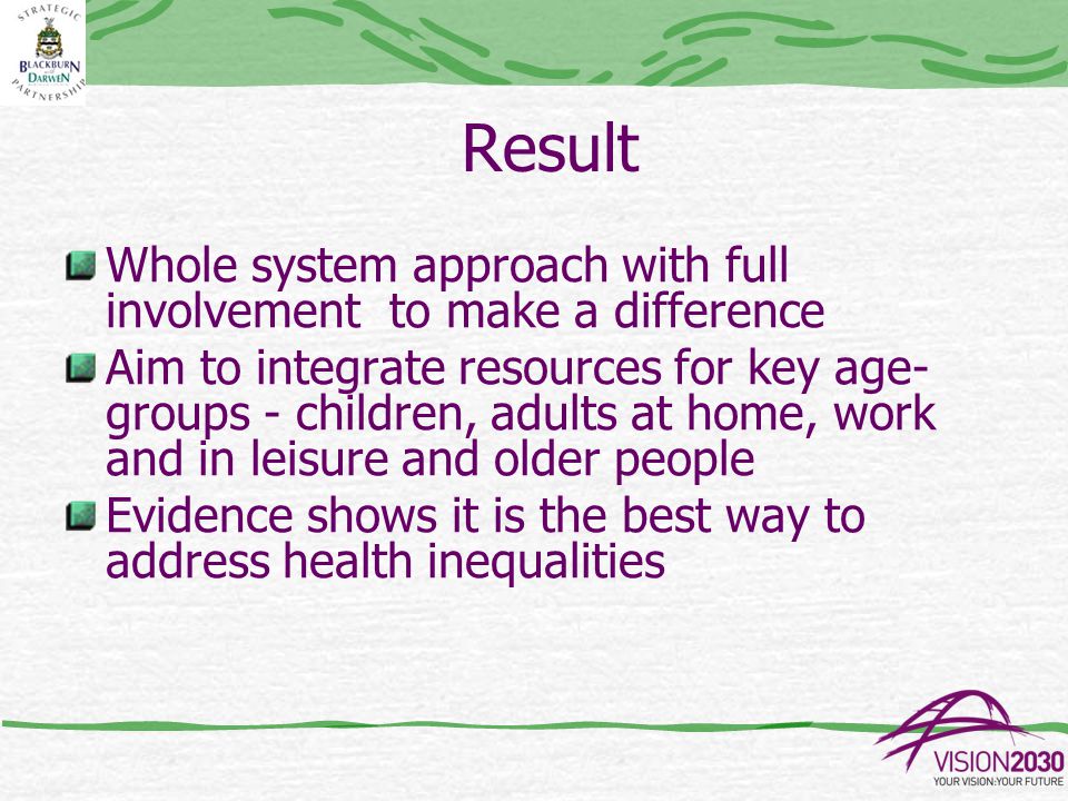 Result Whole system approach with full involvement to make a difference Aim to integrate resources for key age- groups - children, adults at home, work and in leisure and older people Evidence shows it is the best way to address health inequalities