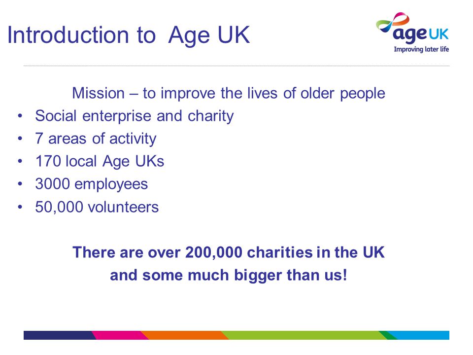 Mission – to improve the lives of older people Social enterprise and charity 7 areas of activity 170 local Age UKs 3000 employees 50,000 volunteers There are over 200,000 charities in the UK and some much bigger than us.