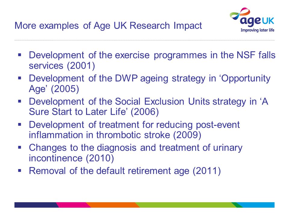  Development of the exercise programmes in the NSF falls services (2001)  Development of the DWP ageing strategy in ‘Opportunity Age’ (2005)  Development of the Social Exclusion Units strategy in ‘A Sure Start to Later Life’ (2006)  Development of treatment for reducing post-event inflammation in thrombotic stroke (2009)  Changes to the diagnosis and treatment of urinary incontinence (2010)  Removal of the default retirement age (2011) More examples of Age UK Research Impact