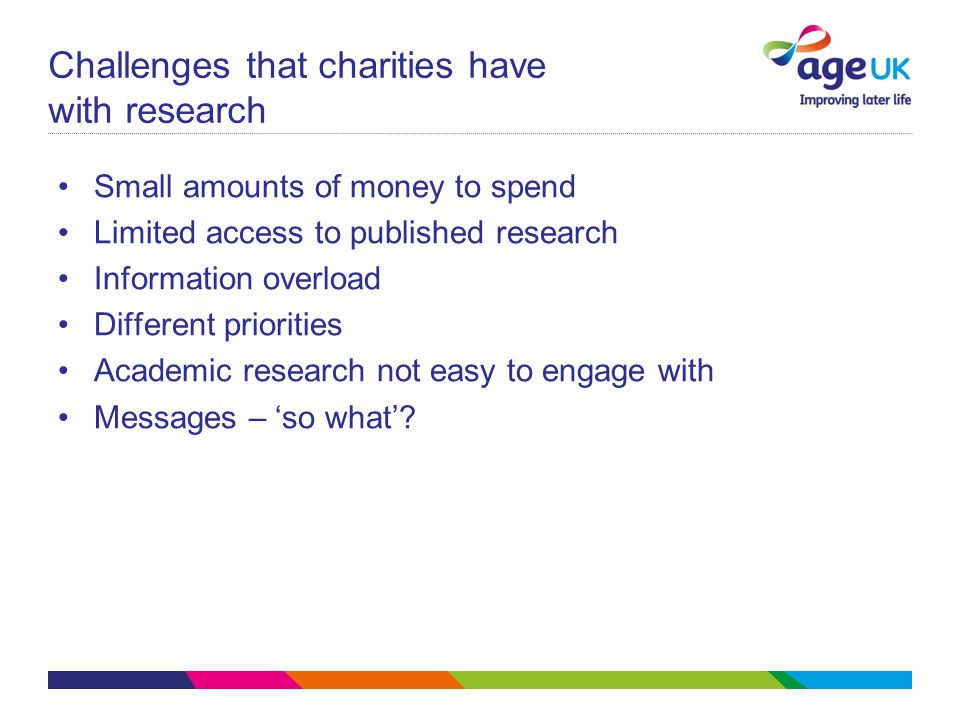 Challenges that charities have with research Small amounts of money to spend Limited access to published research Information overload Different priorities Academic research not easy to engage with Messages – ‘so what’
