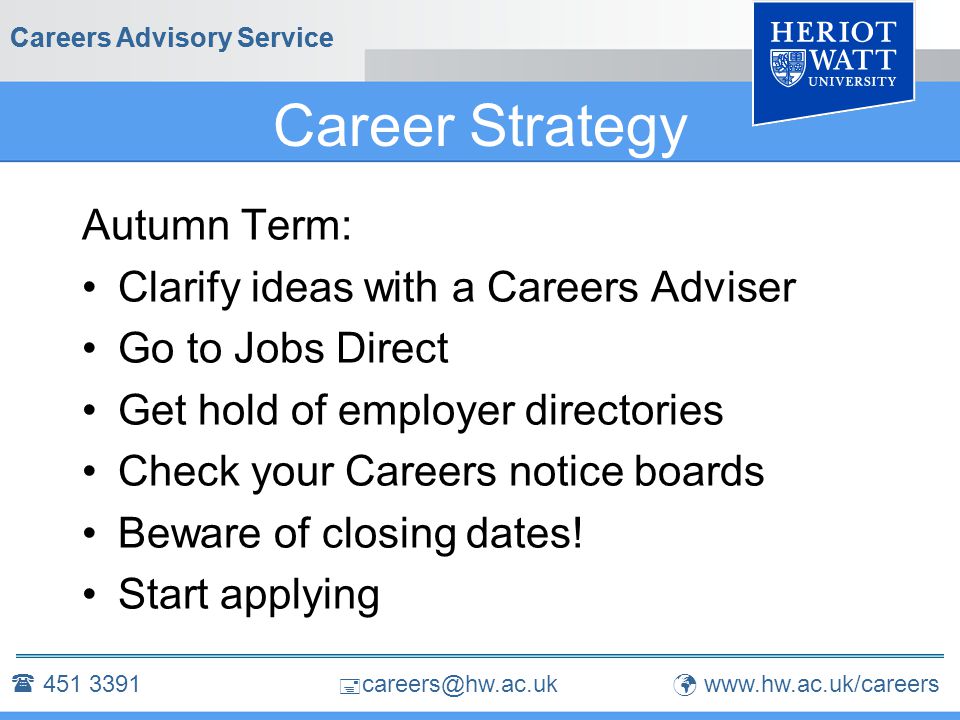  Careers Advisory Service Career Strategy Autumn Term: Clarify ideas with a Careers Adviser Go to Jobs Direct Get hold of employer directories Check your Careers notice boards Beware of closing dates.
