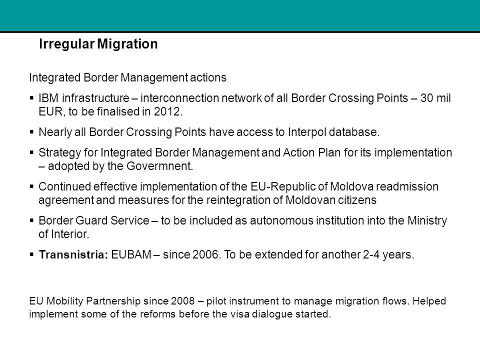 Irregular Migration Integrated Border Management actions  IBM infrastructure – interconnection network of all Border Crossing Points – 30 mil EUR, to be finalised in 2012.