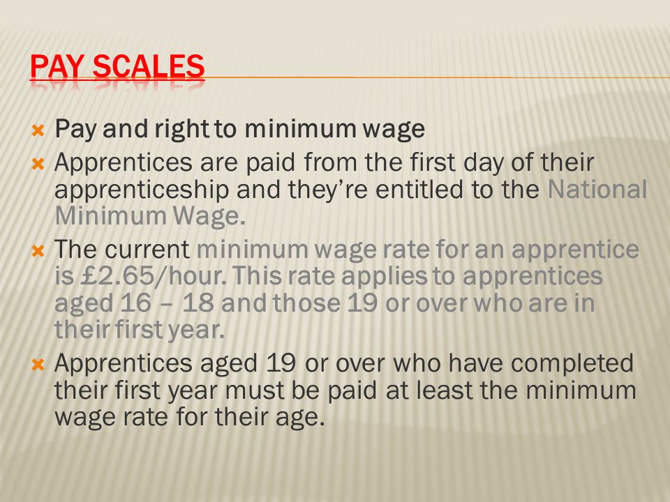  Pay and right to minimum wage  Apprentices are paid from the first day of their apprenticeship and they’re entitled to the National Minimum Wage.